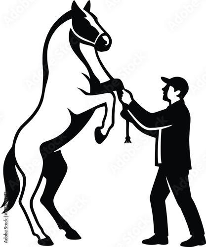 Horse Trainer with Performing Horse, Horse Training Trick Pose