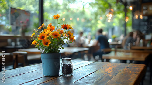 Rustic Wooden Tabletop with Orange Flowers Photo