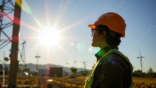 Worker wearing helmet and vest looks at sun with wind turbines in background symbolizing biomass and renewable energy progress in clean energy sector