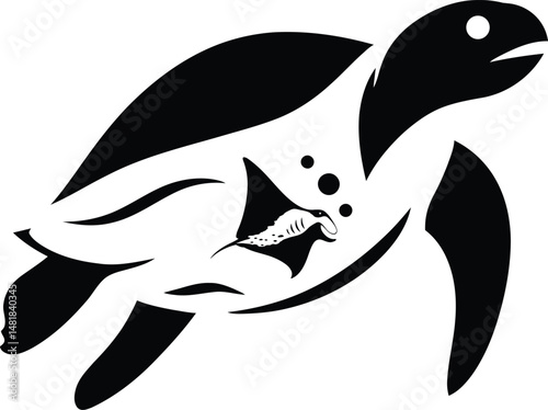 Sea Turtle and Stingray Art, Stylized Marine Animal Design