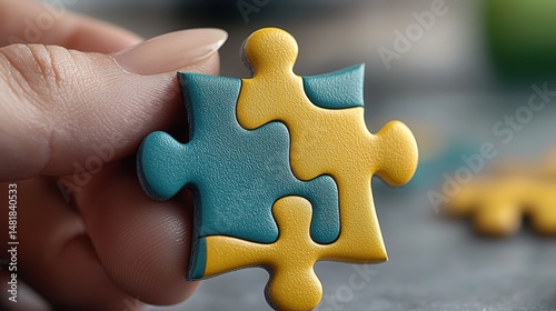 Hand Placing Teal and Yellow Puzzle Piece Close Up
