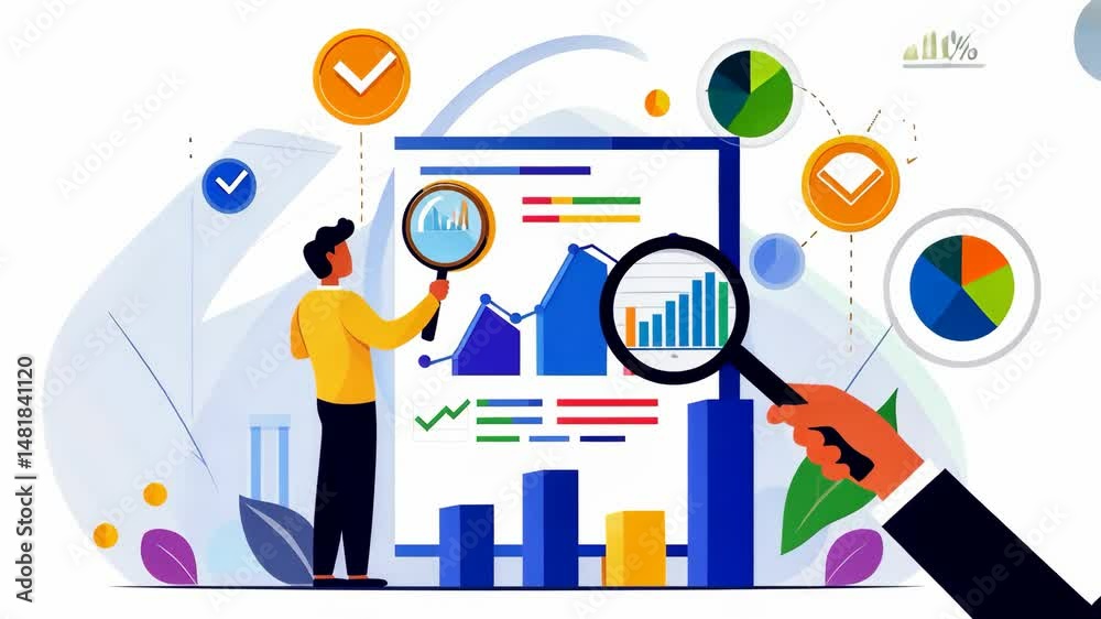 Illustration of data analysis with graphs, magnifying glasses, checkmarks, and pie charts in business and finance.