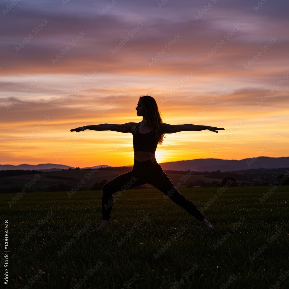 a woman doing yoga in a field at sunset a woman doing yoga in a field at sunset