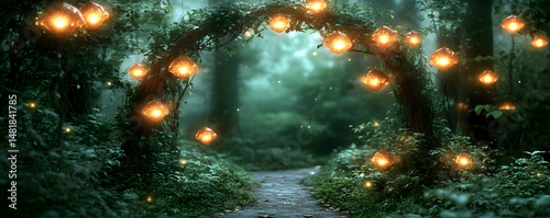 Enchanted Forest Path: Magical Landscape Illustration with Glowing Lights