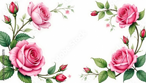 Intricate watercolor rose buds, leaves & vines, vines, soft, celebration