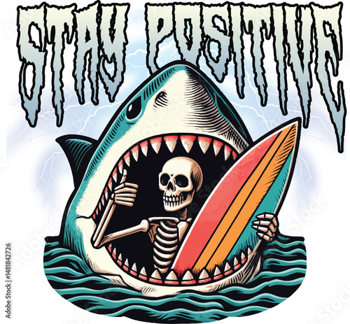 Stay Positive Vector T-Shirt Design Featuring a Skeleton Surfer Inside a Shark's Mouth