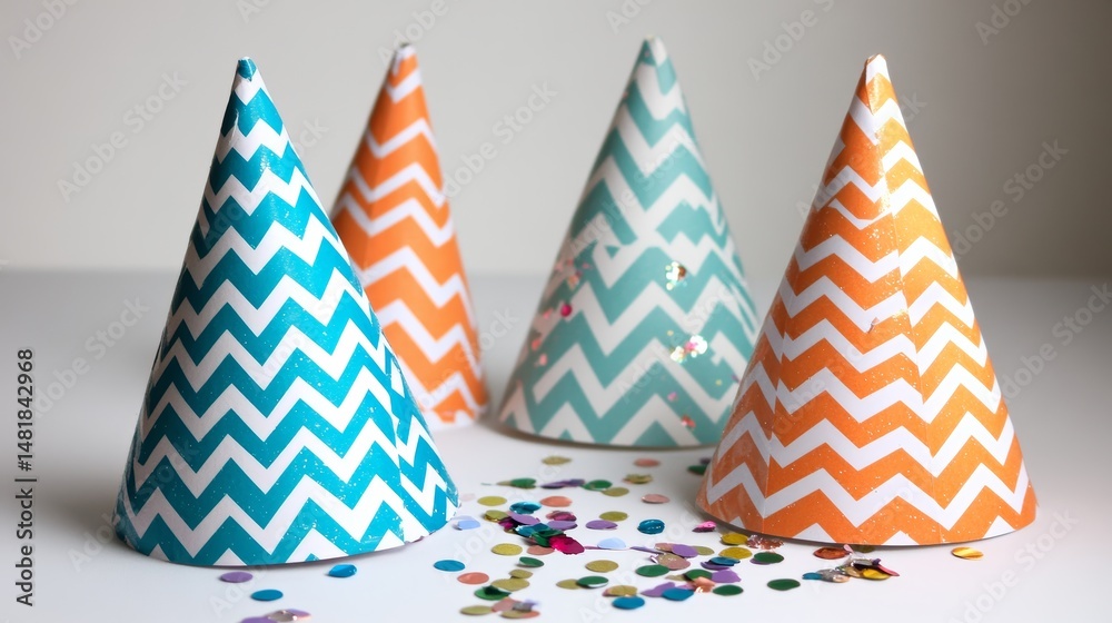 Obraz premium Colorful chevron party hats with confetti on white background