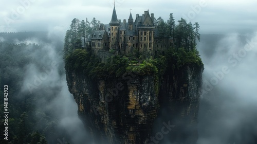 Mysterious castle perched atop a floating rock formation.