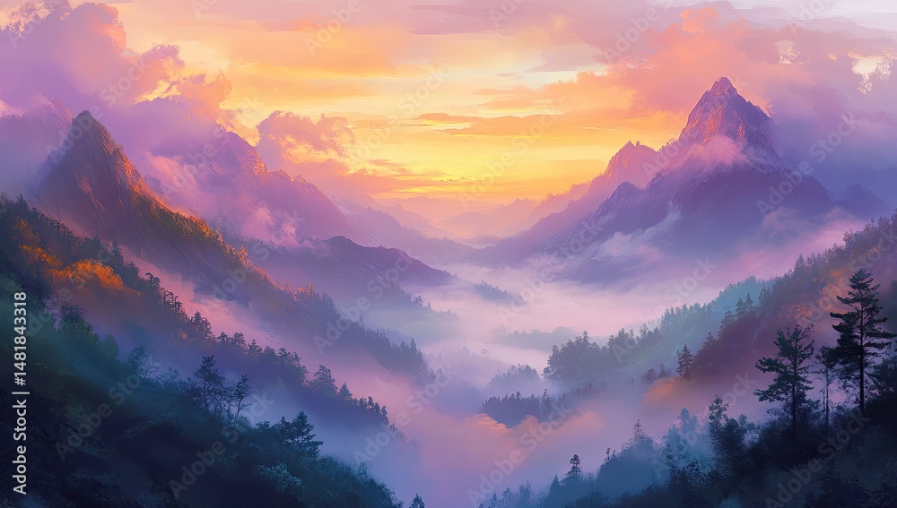 Obraz premium Misty Mountain Sunrise Valley