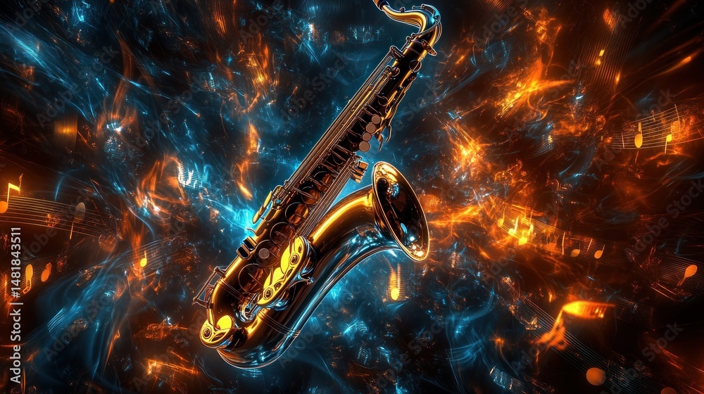 Obraz premium Saxophone Symphony: A fiery abstract artwork of a golden saxophone in a swirling cosmic nebula of musical notes and vibrant colors.