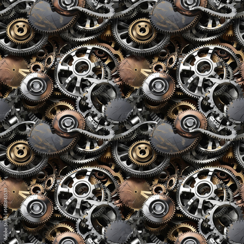 Steampunk gears and cogs seamless texture for mechanical backgrounds, industrial design projects, tech websites, game development, and digital art requiring engineering aesthetics