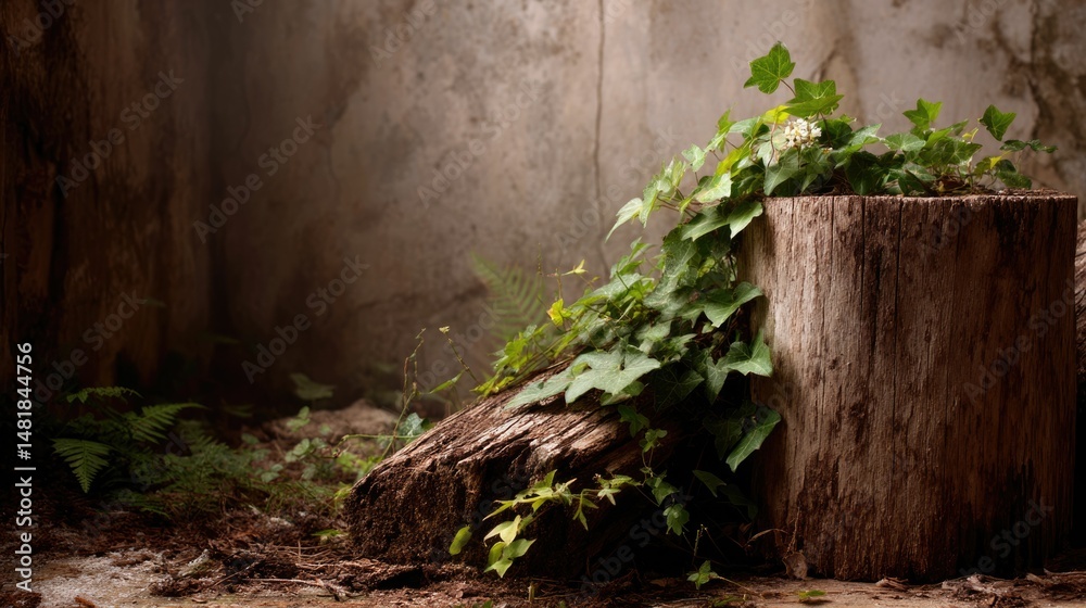 Fototapeta premium Rustic Log and Ivy Still Life: A Moody Nature Study