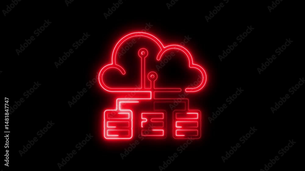 Glowing red cloud computing network diagram on black background