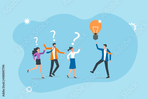 Question response framework for finding solutions, delivering inventive problem solving ideas, creative thinking concepts, offering innovative approaches, and a team leader holds a light bulb