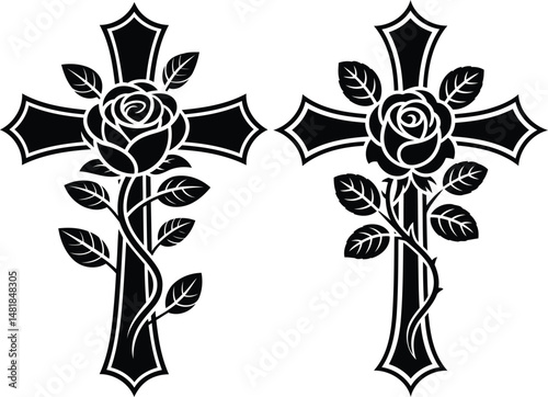 Two Black Silhouette Rose Cross Vector Design with Thorns and Leaves.