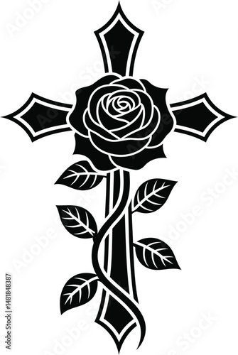 Black Silhouette Rose Cross Vector Design with Thorns and Leaves.