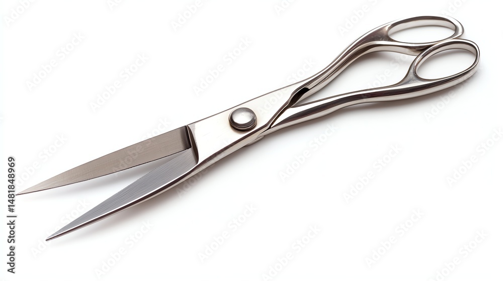 Obraz premium A pair of silver scissors are sharply focused and isolated against a clean white background.