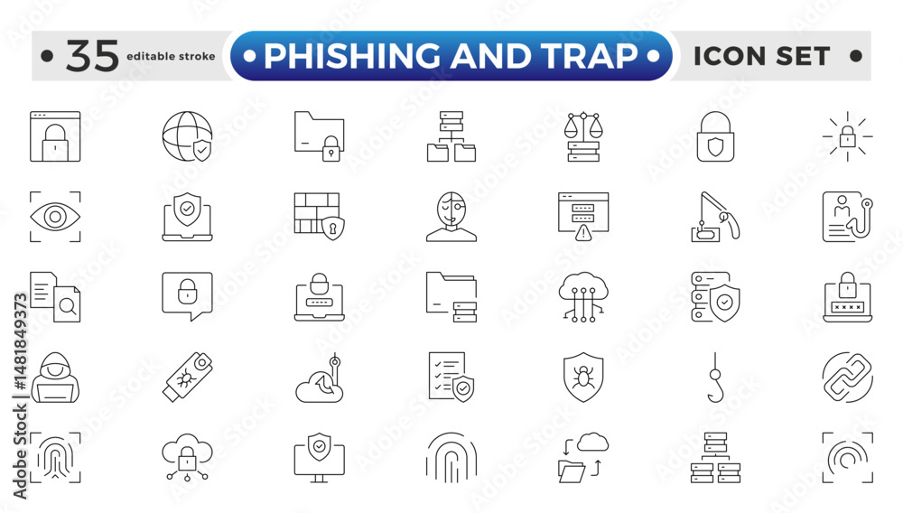 Phishing and Trap outline icon set. Guard, cyber security, password, smart home, safety, data protection, key, shield, lock, unlock, eye access. Editable stroke outline icon.
Phishing and Trap outline icon set. Guard, cyber security, password, smart home, safety, data protection, key, shield, lock, unlock, eye access. Editable stroke outline icon.