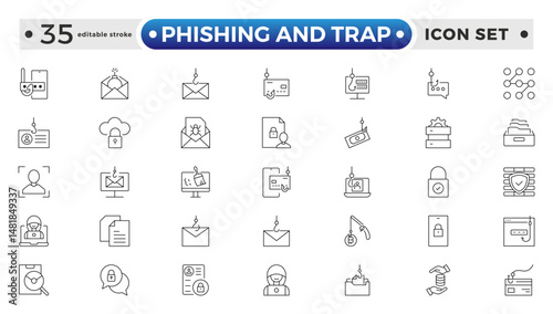 Phishing and Trap outline icon set. Guard, cyber security, password, smart home, safety, data protection, key, shield, lock, unlock, eye access.  Editable stroke outline icon.
