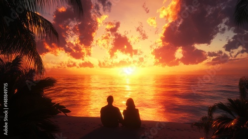 Romantic sunset view of a couple on a beach.  Silhouette of two people sitting together watching a vibrant sunset over the ocean, with palm trees on the shore
