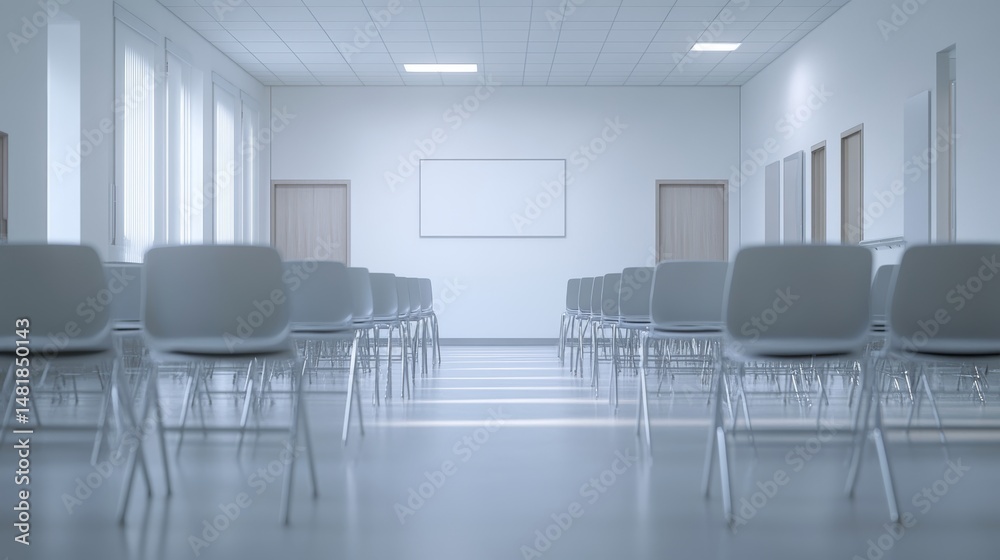 Fototapeta premium Empty classroom with chairs and whiteboard perfect for meetings training or educational purposes a clean minimalist background ideal for presentations or lectures 