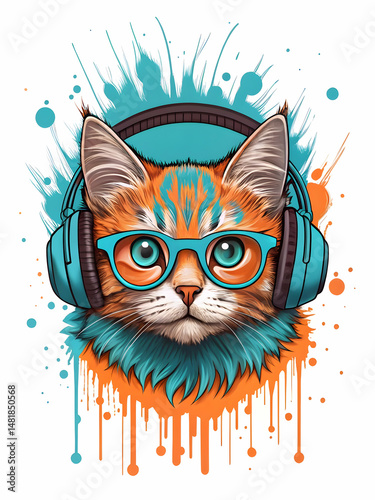 cool cat with headphones and glasses in colorful street art style on white background