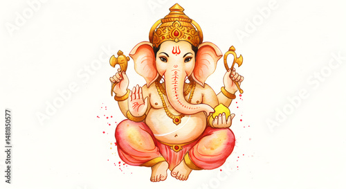 Serene Ganesha: Watercolor Illustration of Hindu Deity