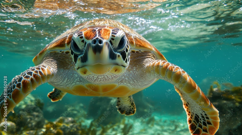 Fototapeta premium Close-up view of a sea turtle swimming underwater.