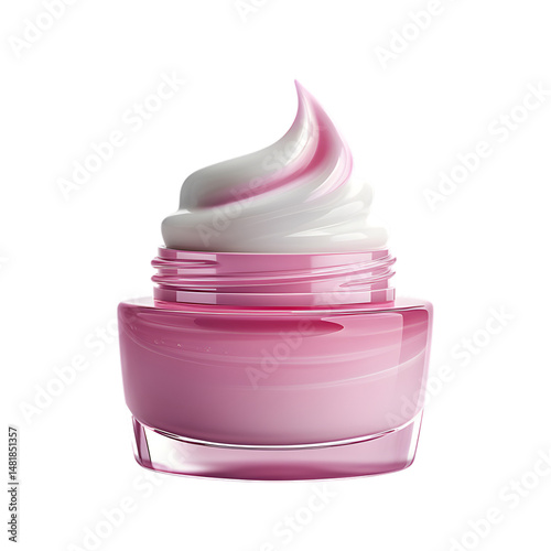 Close up of a jar of pink cream with a whipped topping.