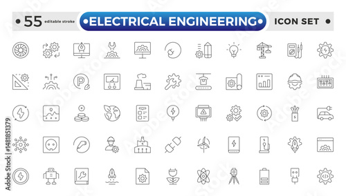 Electrical Engineering outline Icons set. Vector illustration in modern thin line style of technologies related icons: blueprint, engineer, manufacturing, and more. Editable stroke outline icon.
