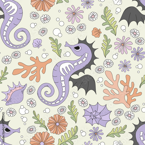 Retro Cute Scary sea horse skeleton vector seamless pattern. Spooky Pastel Goth Creepy Halloween Underwater ocean hand drawn background.