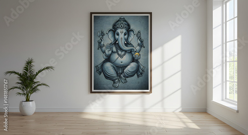 Serene Ganesha: Blue-toned Hindu Deity Wall Art Print