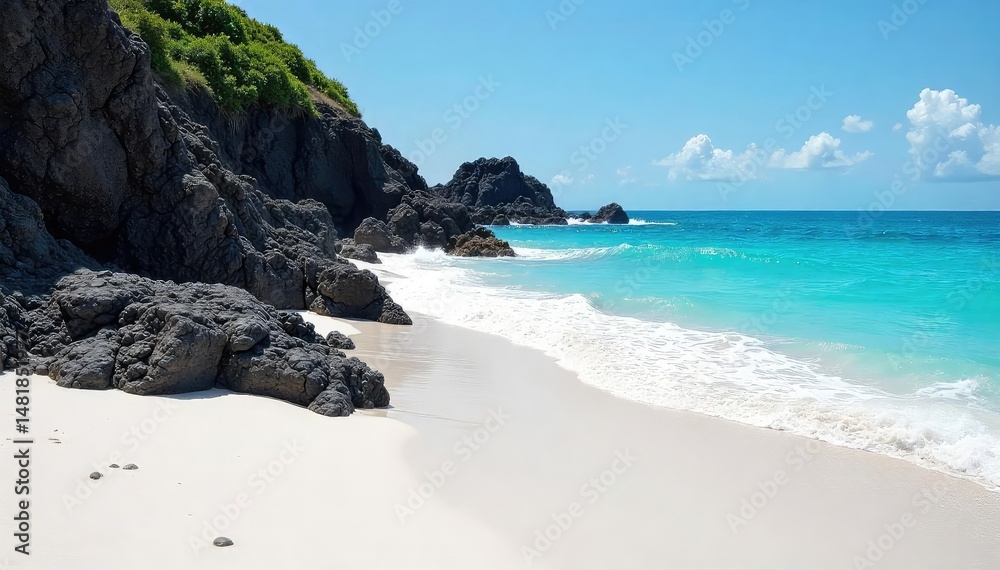 Obraz premium Dark volcanic rocks meet white sand beach at high tide, volcanic, coast