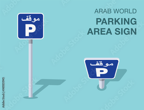 Traffic regulation rules. Isolated Arab world "parking area" road sign. Front and top view. Flat vector illustration template.