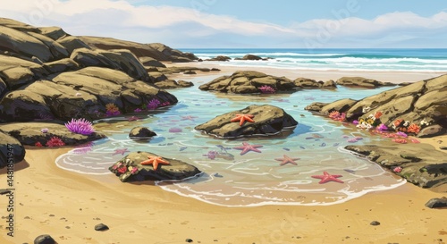 Starfish on Rocky Beach with Tide Pools Art