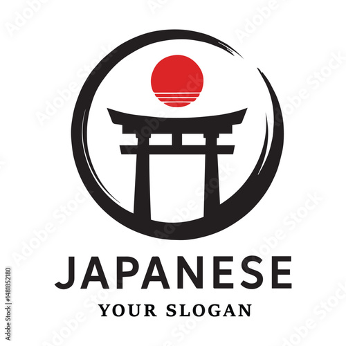 Japanese Culture Logo with Torii Gate and Rising Sun