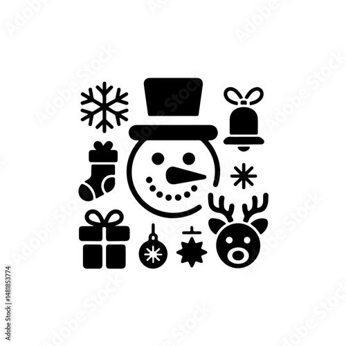 Monochrome Flat Icons for Christmas – White Background Vector