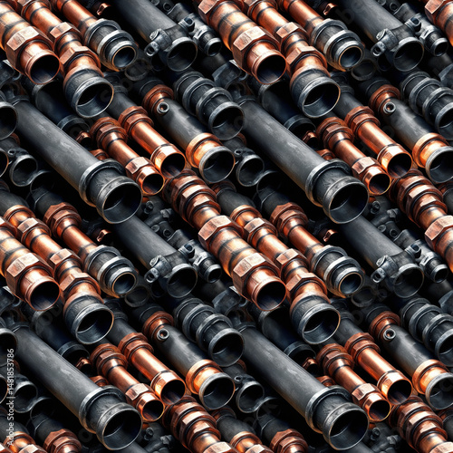 Diagonal copper pipe pattern seamless texture for industrial designs, tech backgrounds, plumbing-themed projects, website elements, and game assets requiring mechanical aesthetic