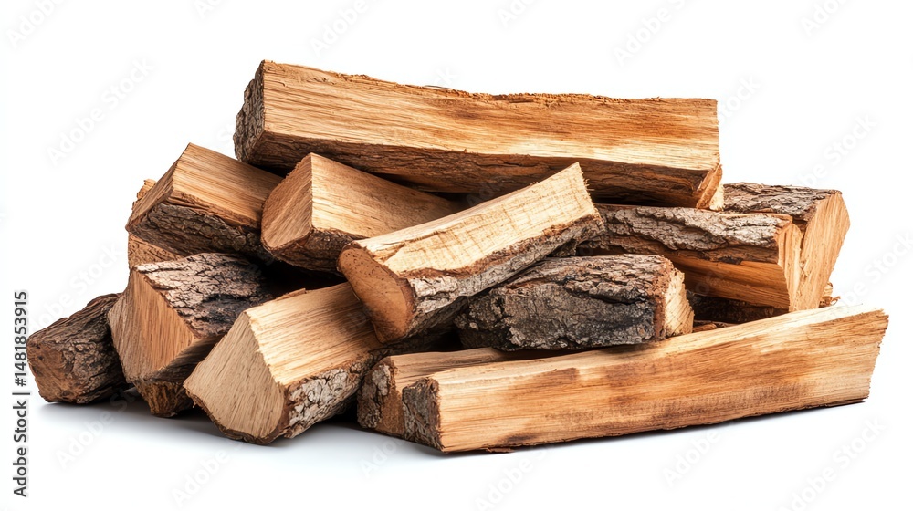 A neatly stacked pile of firewood sits against a stark white background. A neatly stacked pile of firewood sits against a stark white background.