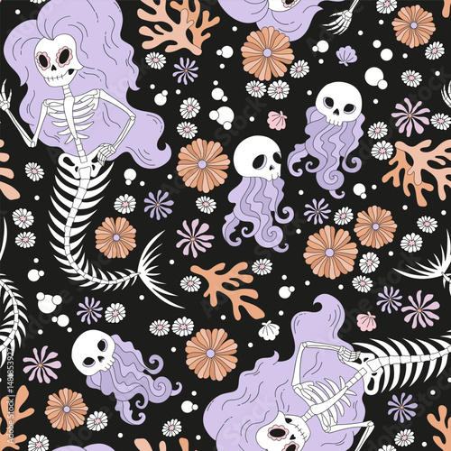 Retro Cute mermaid skeleton sea ghost vector seamless pattern. Spooky Pastel Goth Creepy Halloween Underwater ocean hand drawn background.