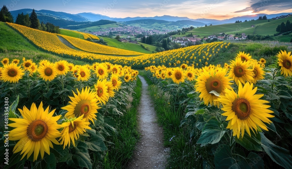 Obraz premium Sunflowers field path at sunset