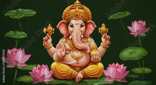 Serene Ganesha: Hindu Deity with Lotus Flowers