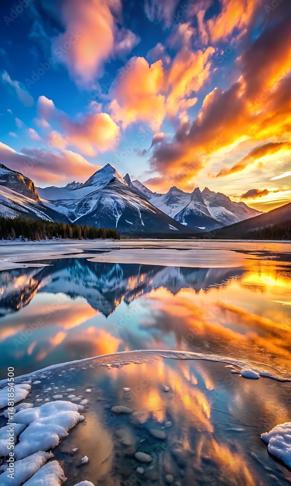 Obraz premium Icy Lake Reflecting a Sunset Over Mountains Background