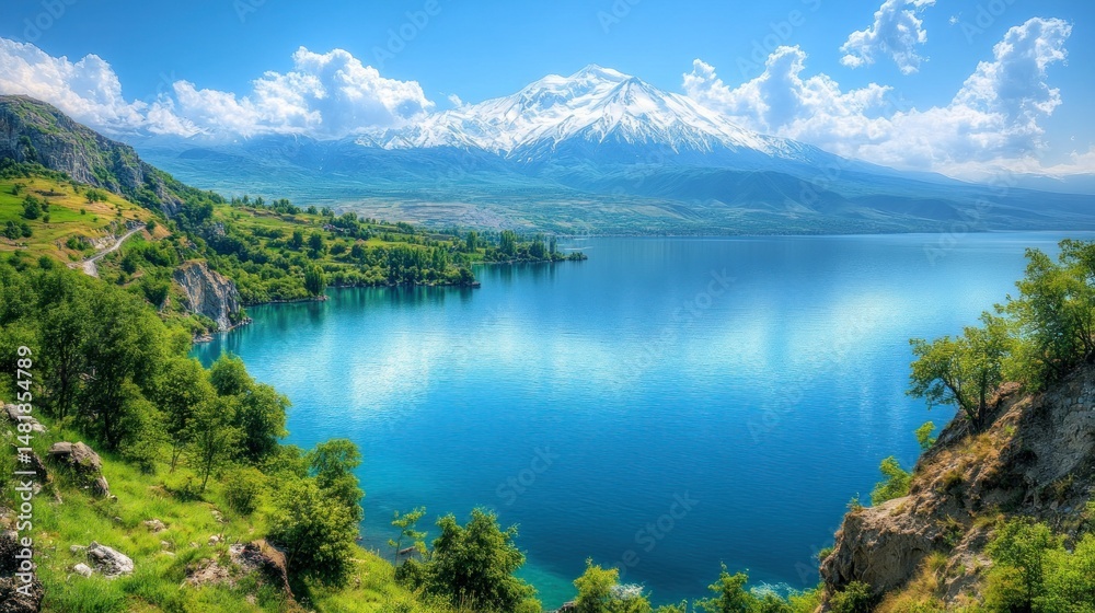 Fototapeta premium Serene mountain lake, vibrant landscape