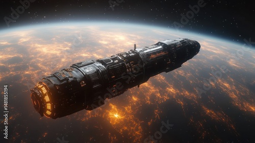 Fototapeta Naklejka Na Ścianę i Meble -  Futuristic spacecraft orbiting a planet with glowing atmospheric activity.