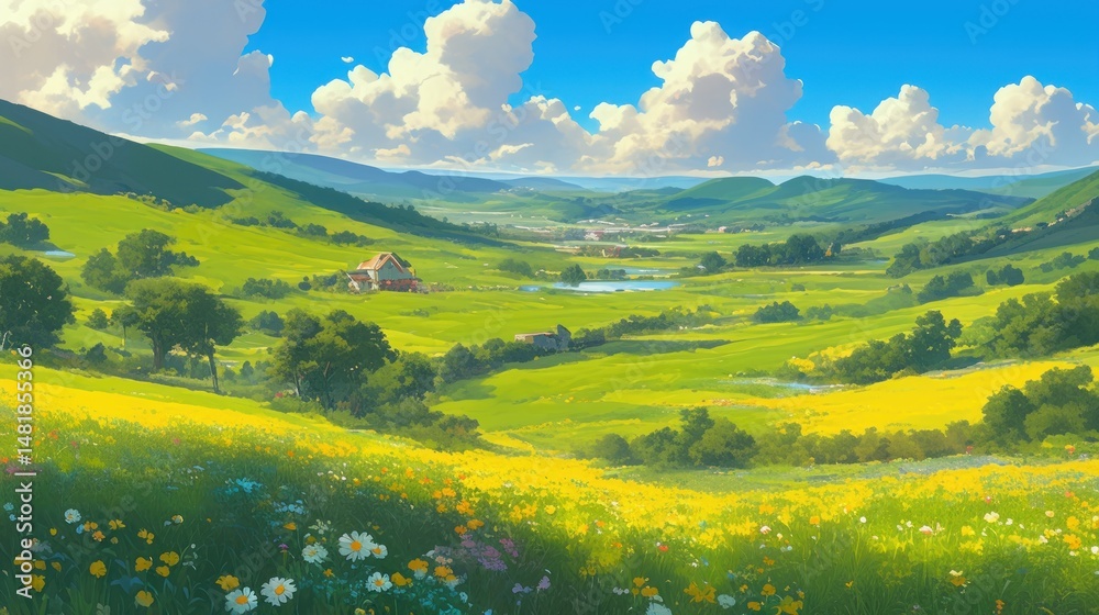 Obraz premium Panoramic view of a vibrant, idyllic countryside landscape. Rolling hills, lush meadows, and a quaint village nestled amongst them. A serene, sunny day with puffy clouds