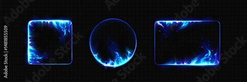 Blue burning fire frames set - square, circle and rectangle shape borders with realistic flame, fiery light streak effect isolated on black background. Cold blaze neon design elements collection.