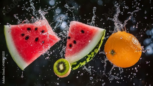 Fresh fruit splash: watermelon orange kiwi in motion against dark background 