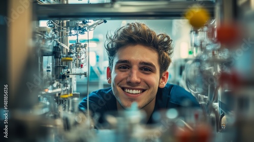 Researcher smiling in laboratory with scientific equipment showcasing medical innovation and technology highlighting healthcare advancements modern research and a positive outlook 