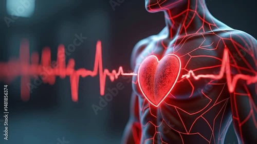 Digital representation of human heart with heartbeat graph overlay  